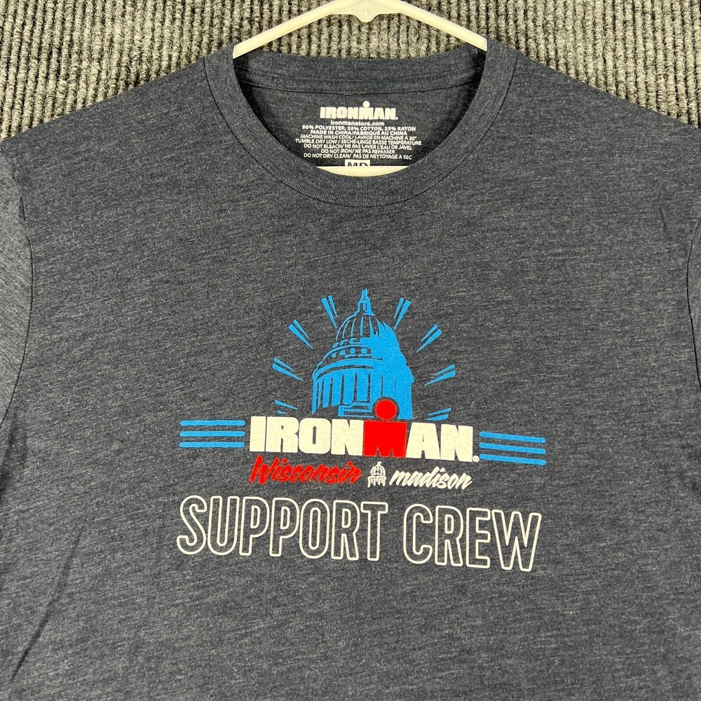 IRONMAN Shirt Mens Medium Blue Short Sleeve Madison Wisconsin Support Crew